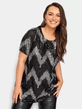 Yours Sequin Zig Zag Front T Shirt, Silver, Size 20, Women