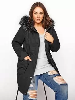 Yours Faux Fur Trim Hooded Parka - Black, Size 26-28, Women