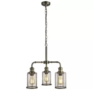 Searchlight Pipes - 3 Light Pendant Antique Brass, Glass Shade, E27