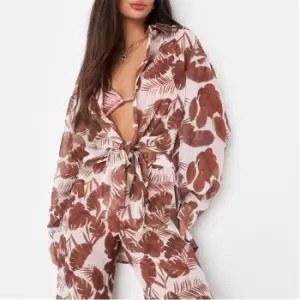 Missguided Palm Print Sheer Mesh Beach Cover Up Shirt - Brown