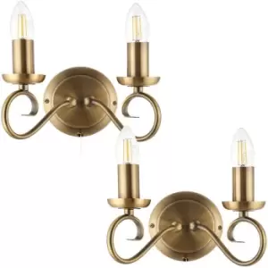 2 PACK Dimmable LED Twin Wall Light Antique Brass Chandelier 2x Bulb Lamp Kit