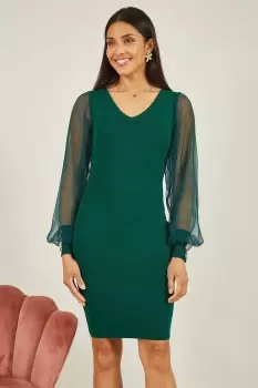 Green Knitted Body Con Dress With Chiffon Sleeve