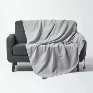 Cotton Rajput Ribbed Silver Grey Throw, 225 x 255cm - Grey - Homescapes