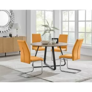 Furniture Box Santorini Brown Wood Contemporary Round Dining Table and 4 Mustard Lorenzo Chairs Set