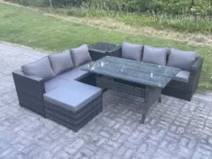 Fimous 6 Seater Outdoor Dark Grey Wicker Rattan Lounge Complete Sofa Set with Rectangular Dining Table, Sofa and Big Footstool