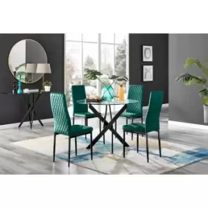 Furniture Box Novara Black Leg Round Glass Dining Table and 4 Green Velvet Milan Black Leg Chairs