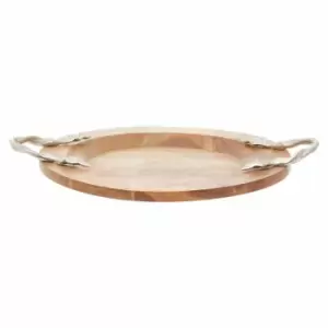 Interiors By Ph Large Round Tray, Acacia Wood, Aluminium Leaf Handles