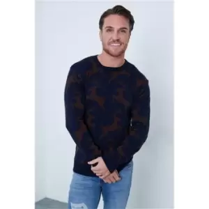 I Saw It First Navy Knitted Reindeer Jumper - Blue