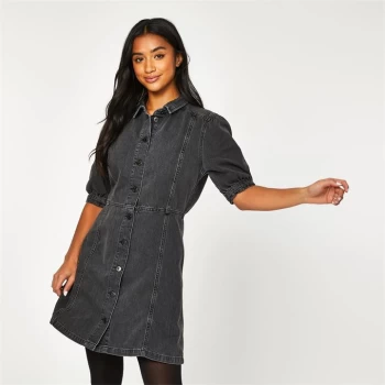 Jack Wills Meads Puff Sleeve Mini Denim Dress - Washed Black