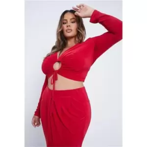 I Saw It First Red Plus Size Slinky Tie Front Long Sleeve Crop Top - Red