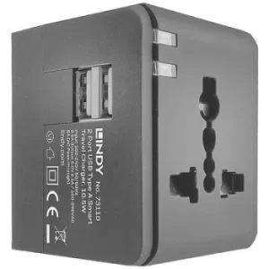 LINDY 73110 Travel charger Mains socket Max. output current 2.1 A 2 x USB-A incl. AUS adapter, incl. Europe adapter, incl. UK adapter, incl. US adapte