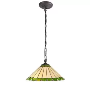 1 Light Downlighter Ceiling Pendant E27 With 40cm Tiffany Shade, Green, Crystal, Aged Antique Brass - Luminosa Lighting