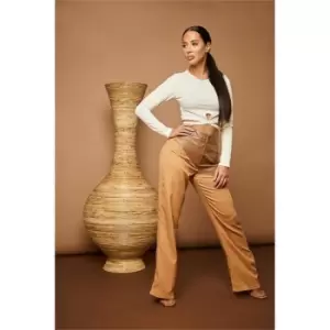 I Saw It First Chocolate & Beige Pu / Woven Block Straight Leg Trousers - Brown