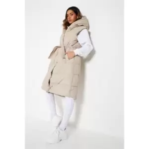 I Saw It First Maxi Length Hooded Gilet With Fabric Belt - Grey