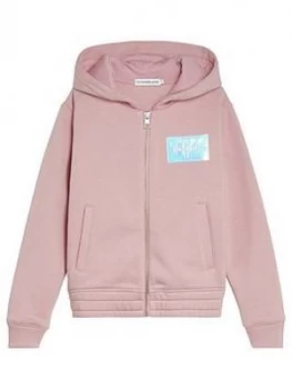 Calvin Klein Jeans Girls Monogram Badge Zip Through Hoodie - Pink, Size Age: 8 Years, Women