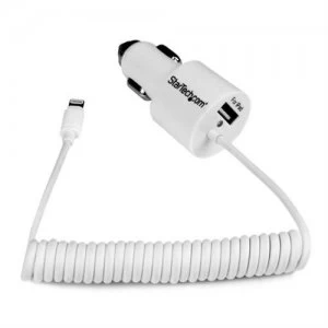 StarTech.com Dual-Port Car Charger - USB with Built-in Lightning Cable - White