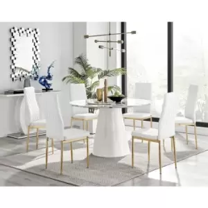 Furniturebox Palma White Marble Effect 120cm Round Minimalist Dining Table & 6 White Milan Gold Leg Faux Leather Chairs