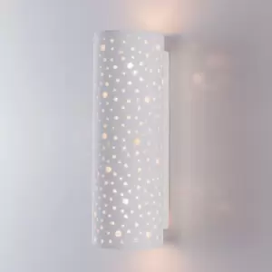 Perforated Up/Down Ceramic Wall Light, Cylinder Shade, 2xE14 Bulb Cap 40 Watts Maximum Each, White finish