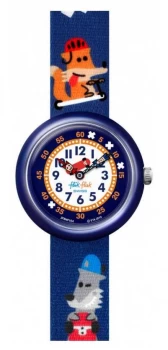 Flik Flak SK8FOX Blue Fox Print Fabric Strap White Dial Watch