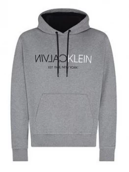 Calvin Klein Text Reverse Front Logo Overhead Hoodie - Grey, Size L, Men