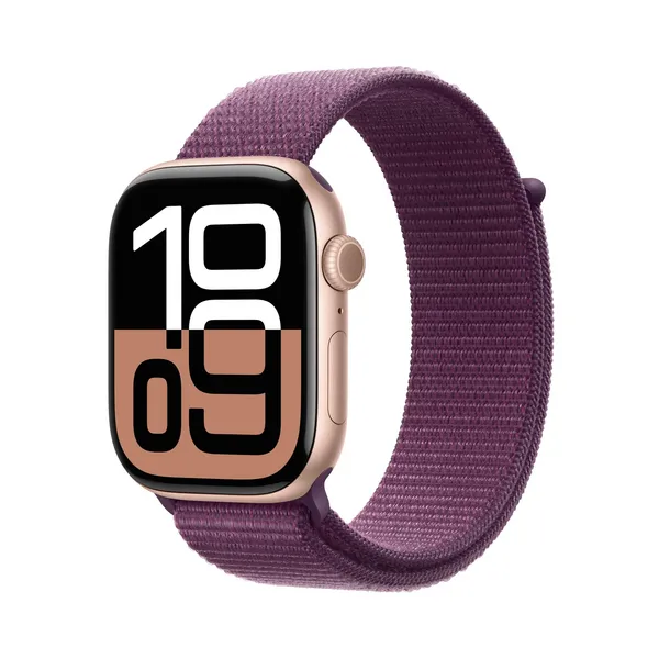 Apple Watch Series 10, 42mm, Rose Gold Aluminium Case, GPS + Cellular [2024] - Plum Sport Loop