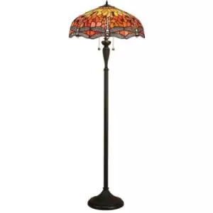 Interiors Dragonfly Flame - 2 Light Floor Lamp Dark Bronze, Red, Tiffany Style Glass, E27