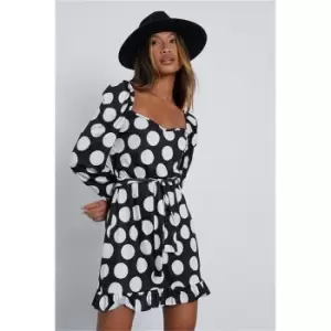 I Saw It First Black Jersey Polka Dot Long Sleeve Tie Waist Tea Dress - Black