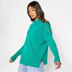 I Saw It First Recycled Blend High Neck Button Shoulder Knit Jumper - Green