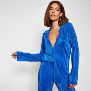 I Saw It First Plisse Oversized Button Up Shirt - Blue