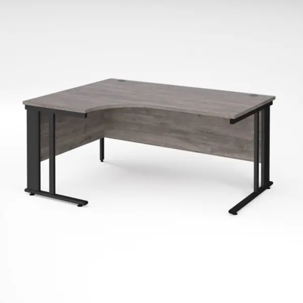 Maestro 25 left hand ergonomic desk 1600mm wide - Black cable managed leg frame, grey oak top