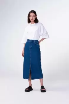 Greta Midi Denim Skirt, Mid Wash / 14