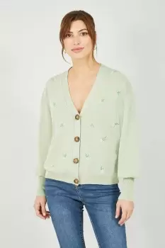 Soft Green Knitted Embroidered Daisy Cardigan