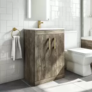 600mm Wood Effect Floorstanding Door Vanity Unit with Basin and Brushed Brass Handle - Ashford