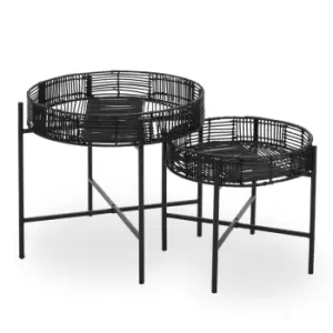 Olivia's Set of 2 Braxton Side Table in Black Rattan & Black Metal