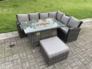 Fimous 6 Seater Outdoor Dark Grey Rattan Lounge Complete Sofa Set Right Side with Gas Fire Pit and Big Footstool