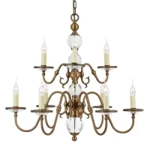 Flemish Ceiling Pendant Chandelier Antique Brass & Crystal Curved 9 Lamp Light