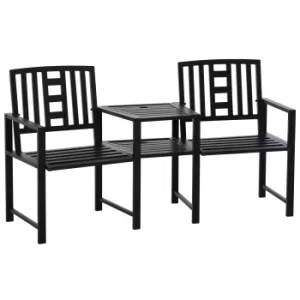 Outsunny Patio Tete-a-tete Chair 2 Seat Bench Middle Coffee Table w/ Umbrella Hole for Outdoors Decorative Slatted Design Steel Frame Black