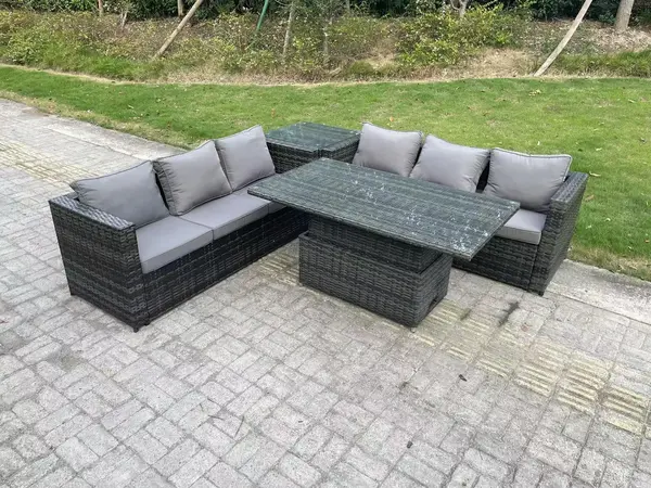 Fimous 6 Seater Outdoor Dark Grey Rattan Lounge Complete Sofa Set with Adjustable Rising Lifting Dining Table and Side Table