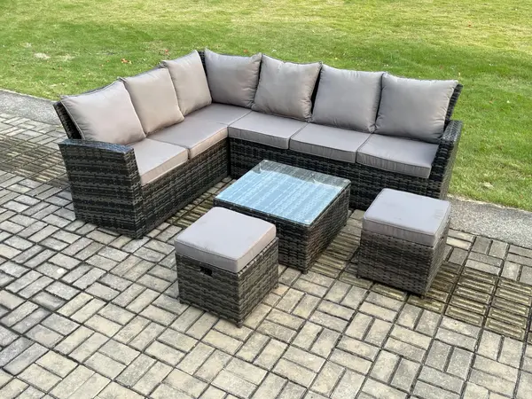 Fimous 6 Seater Outdoor Dark Grey Rattan Lounge Complete Sofa Set with Square Coffee Table and 2 Footstool