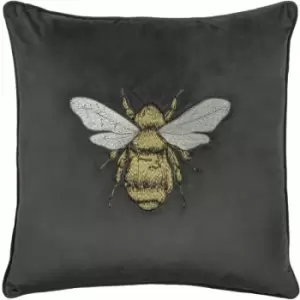 Paoletti Hortus Bee Embroidered Velvet Piped Edge Cushion Cover, Charcoal, 50 x 50 Cm