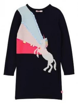 Billieblush Girls Knitted Unicorn Sequin Jumper Dress - Navy