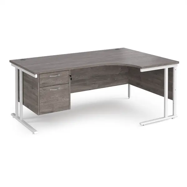 Maestro 25 right hand ergonomic desk 1800mm wide with 2 drawer pedestal - white cantilever leg frame, grey oak top