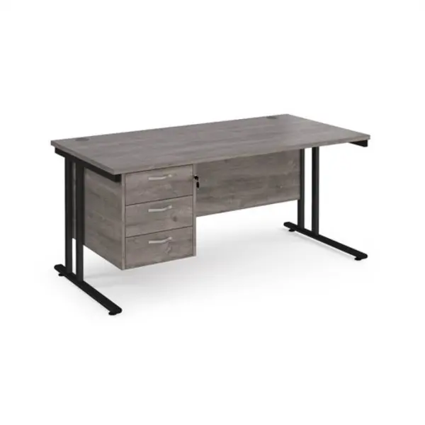 Maestro 25 straight desk 1600mm x 800mm with 3 drawer pedestal - Black cantilever leg frame, grey oak top