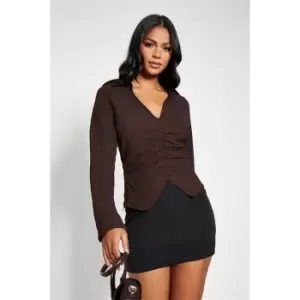 I Saw It First Textured Woven Plunge Ruched Shirt - Brown