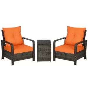 Outsunny 3 pcs PE Rattan Wicker Garden Furniture Patio Bistro Set Weave Conservatory Sofa Storage Table and Chairs Set Orange Cushion, Mixed Grey