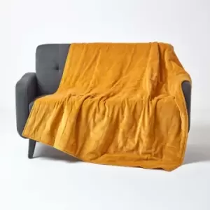 Mustard Velvet Quilted Throw, 125 x 150cm - Yellow - Homescapes