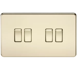 KnightsBridge 10A 4G 2 Way 230V Screwless Polished Brass Electric Wall Plate Switch