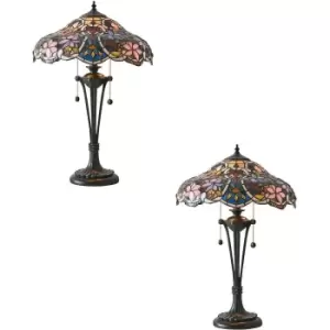 2 PACK Floral Tiffany Glass Design Table Lamp Light - Dark Bronze Lampholder