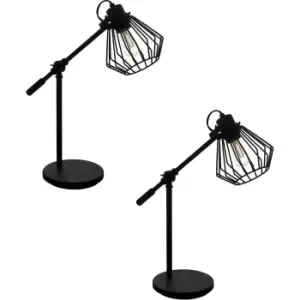 2 PACK Table Desk Lamp Colour Black Shade Black Open Wire Frame Pivots E27 40W