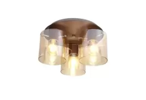 Round Ceiling Flush, 3 Light Flush Fitting, Mocha, Amber Glass